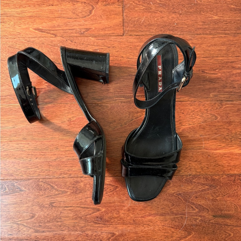 Prada Glossy Black Heeled Sandals